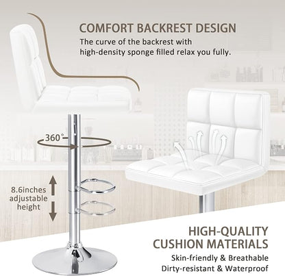 Furniwell Bar Stools Modern Pu Leather Swivel Adjustable Barstools Armless Counter Height Swivel Bar Stool Synthetic Leather Height Square Barstool with Set of 2 (White)