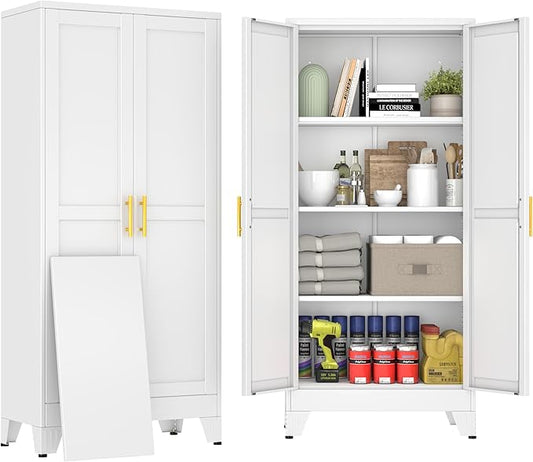 61" White Metal Storage Cabinet with 2 Doors and 3 Adjustable Shelves,Steel Garage Tool Cabinet, File Cabinet,Kitchen Pantry Cabinet for Home,Office,Garage,School,Warehouse