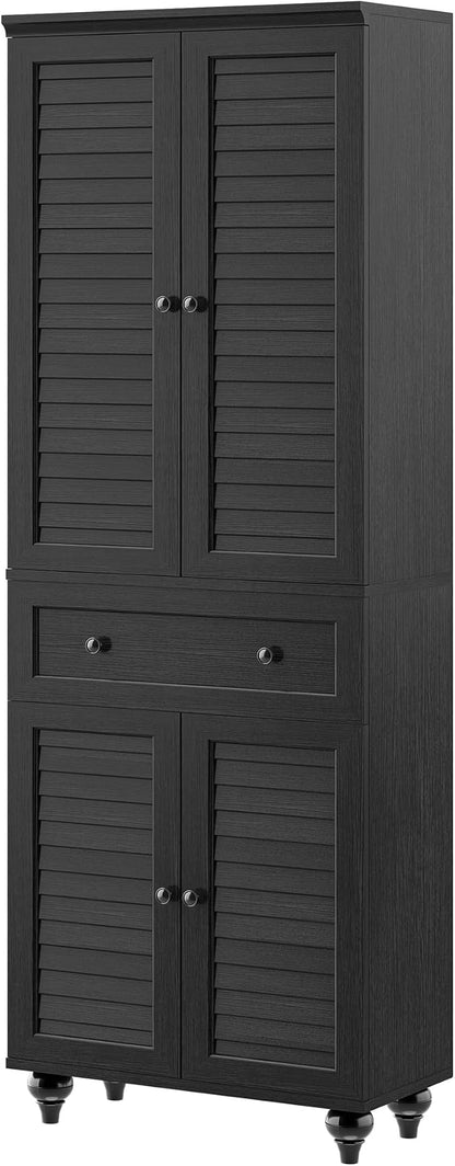 80" Tall Kitchen Pantry Cabinet, Farmhouse Storage Cabinets | Louvered Doors and Adjustable Shelves, Freestanding Storage, Dining Room, Living Room, Home Office, Bathroom, Black