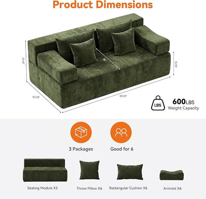 MONVANE 3-Piece Boneless Loveseat Couch Set for Living Room, Oversized Modular Sectional Sofa Set with Removable Armrests, Comfy Chenille Cloud Couch with 12 Pillows, No Assembly Required, Green