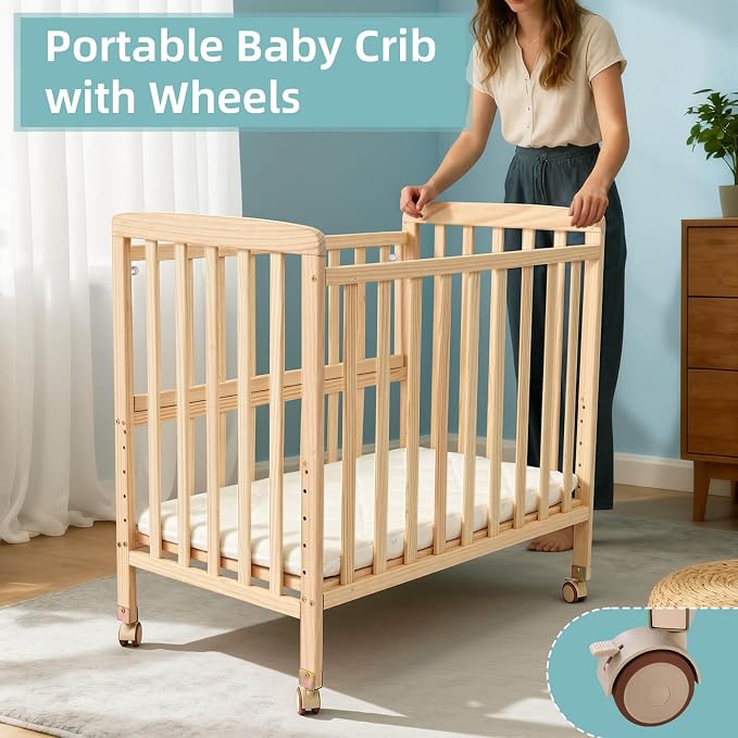 Flwrgirl Mini Baby Crib with Mattress,Portable Bedside Bassinet Sleeper,6 Adjustable Heights,Wood Nursery Crib with Locking Wheels,Compact Baby Bed for Newborns Infants,Unpainted