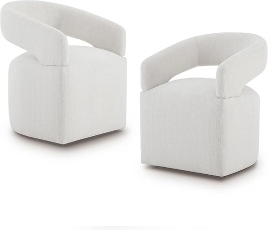 KISLOT Upholstered Dining Chairs Set of 2, Modern Rolling Dining Chairs with Hidden Casters, Arm Kitchen Chairs with Linen Look Fabric, Padded Barrel Chairs for Dining Room, Kitchen, Light Linen