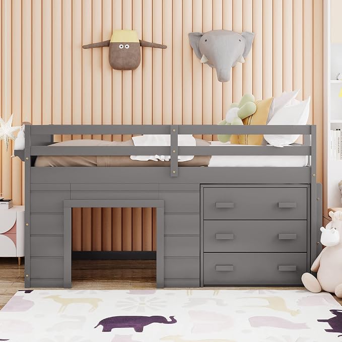 Bellemave Twin Size Low loft Bed for Kids,Wood Modern Farmhouse Twin Loft Bed with and Drawer Storage, No Box Spring Needed, Gray