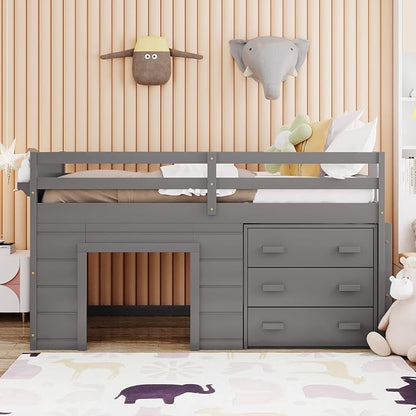 Bellemave Twin Size Low loft Bed for Kids,Wood Modern Farmhouse Twin Loft Bed with and Drawer Storage, No Box Spring Needed, Gray
