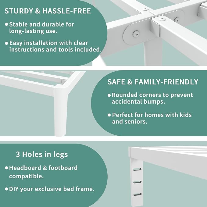 ITIMIDI 12 Inch White Queen Bed Frame, Metal Platform Bed Frame No Box Spring Needed, Heavy Duty Queen Size Bed Frame, Round Corner Legs, Easy Assembly, Under Bed Storage
