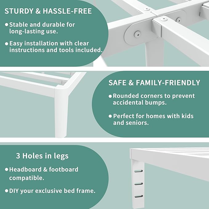 ITIMIDI 16 Inch White Bed Frame Queen, Queen Size Metal Platform Bed Frames with Round Corner Legs, Heavy Duty Steel Support 3500 LBS, Storage Space, No Box Spring Needed, Noise Free, Easy Assembly