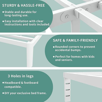 ITIMIDI 16 Inch White Bed Frame Queen, Queen Size Metal Platform Bed Frames with Round Corner Legs, Heavy Duty Steel Support 3500 LBS, Storage Space, No Box Spring Needed, Noise Free, Easy Assembly