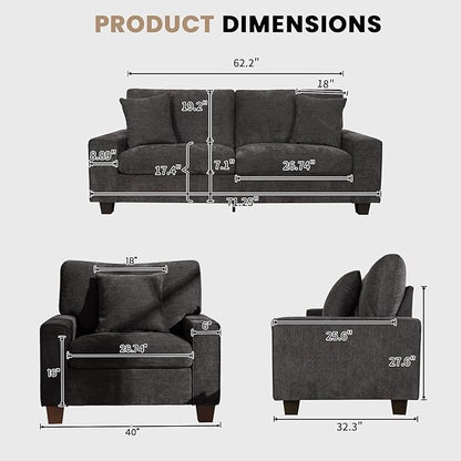 DOPEDIO Modern Living Room Sofa Set, 71.25" Chenille Loveseat with 2 Accent Chairs, Removable Covers, Spring Cushions, Solid Wood Frame, Easy Assembly（71.25inch+2 Single,Dark Grey）