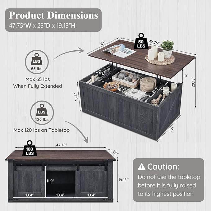 IFGET 48" Lift Top Coffee Table, Farmhouse Cocktai with Sliding Groove Barn Door, Rustic Wood Center Table w/Double Storage Spaces for Living Room, Dark Grey