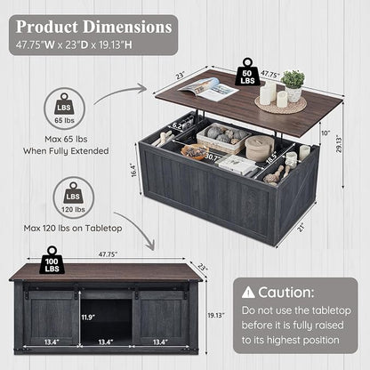 IFGET 48" Lift Top Coffee Table, Farmhouse Cocktai with Sliding Groove Barn Door, Rustic Wood Center Table w/Double Storage Spaces for Living Room, Dark Grey