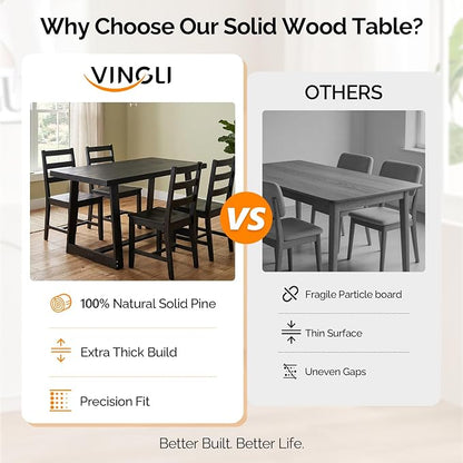 VINGLI 48 Inch Farmhouse Dining Table for 4-6, Solid Pine Wood Table with 4 Corner Protectors, Rectangular Dining Table for Kitchen, Dining Room, Small Apartment, Studio, Family Dinner, Black