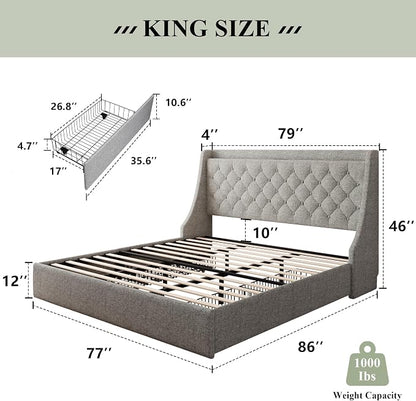 Feonase King Size Bed Frame with 4 Storage Drawers, Storage Bed with Charging Station, Tufted Wingback Headboard, No Box Spring Needed, Light Grey