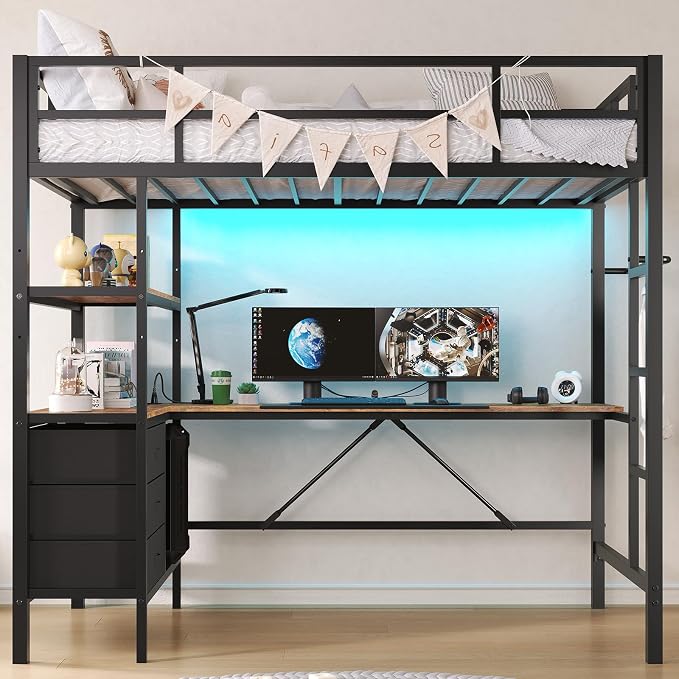 DICTAC Twin Loft Bed with L-Shaped Desk, LED Lights,Charging Station LED Metal Kids Loft Bed Twin Size with 3 Storage Shelves and 3 Fabric Drawers, Safety Guard & Ladder,No Box Spring Needed, Black
