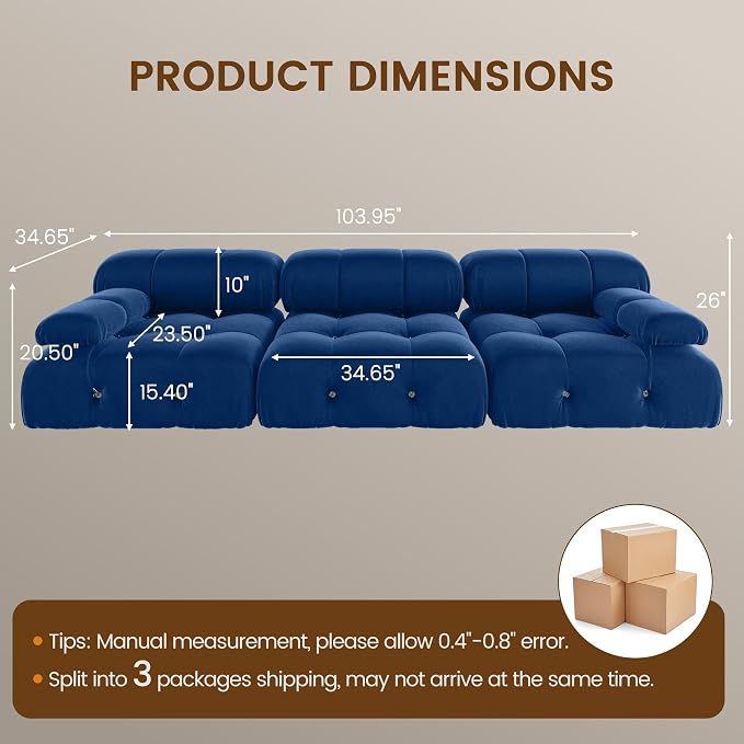 104" Velvet Modular Sectional Sofa, Luxury Modern 3-Seater Sectional Couches for Living Room Bedroom Office Apartment (Blue)