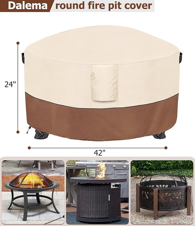 Fire Pit Cover,Outdoor Heavy Duty 600D 100% Waterproof Fire Pit Cover Round,Weatherproof Firepit Covers Round 42" Dia x 24" H,Beige & Brown