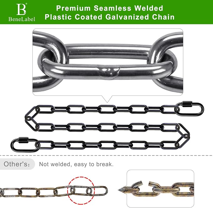BeneLabel 2Pcs 85" Heavy Duty Swing Chain with Hooks 1000 LBs Capacity Hanging Chains Porch Swing Chains and Carabiners Black Chain for Hammock Chairs, Hanging Chair, Tree Swing, Punching Bags
