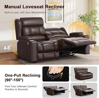 RV Loveseat Recliner Sofa, PU Leather RV Reclining Loveseat with USB Charge Ports, Cup Holders, 2 Seater Manual Pull Tab Recliner Sofa Couches for Living Room/RV, Brown