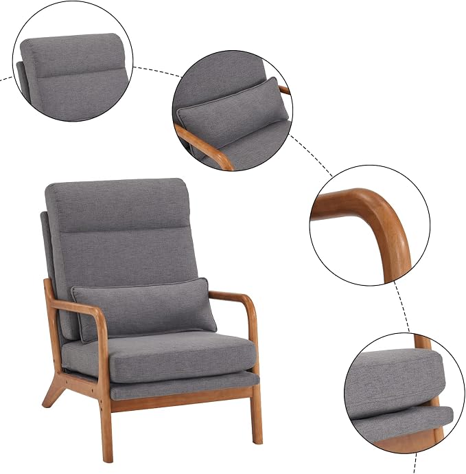 Karl home Accent Chair High Back Mid-Century Modern, Gray | Linen Fabric Upholstered, Walnut Color Solid Rubber Wood Frame, Soft Cushion with Pillow, For Living Room, Bedroom, Balcony