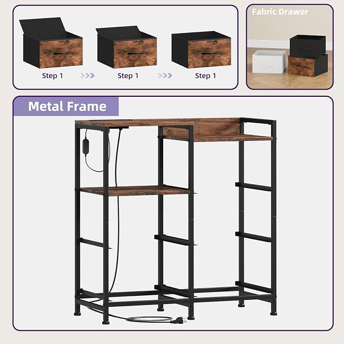 Somdot Nightstand with Charging Station and LED Light, Wide 5 Drawers Dresser for Bedroom with Fabric Bins and Open Shelf for Bedroom Kids Closet Dorm Guest Room, Wood Grain Print