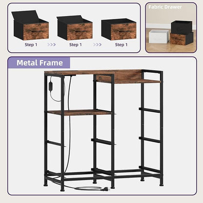 Somdot Nightstand with Charging Station and LED Light, Wide 5 Drawers Dresser for Bedroom with Fabric Bins and Open Shelf for Bedroom Kids Closet Dorm Guest Room, Wood Grain Print