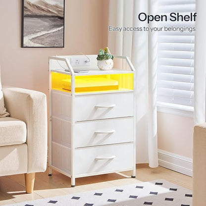 HOOBRO White Nightstand with Charging Station, End Table with 1 AC Outlet, 1 USB Port, and 1 Type-C Port, Bedside Table with LED Light Strip and 3 Non-Woven Drawers, for Bedroom, White WT013UDBZ01