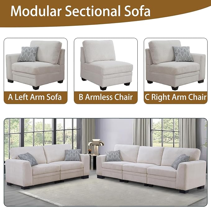 Legend Vansen Oversized Modular Sectional Sofa,U/L-Shaped Corduroy Couch with Ottoman,Deep Seat & Removable Cushion,Easy Assembly for Living Room Apartment,5 Seater,Cream
