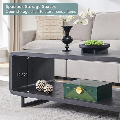 IFGET 48" Modern Coffee Table, 2-Tier Minimalist Center Table with Storage Shelf, Curved Profile Design, Wooden Rectangular Living Room Table w/Wood Thick Design for Living Room, Office, Dark Grey