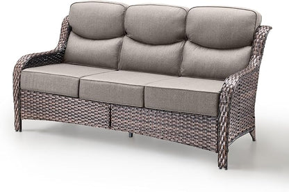 A three-seat outdoor loveseat with thick gray cushions and a woven wicker frame in a brownish-gray tone, shown on a light gray studio background.