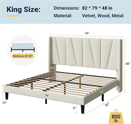 Allewie King Size Platform Velvet Bed Frame with Geometric Wingback Headboard, Boho Upholstered Bed with Wooden Slats Support, No Box Spring Needed, Easy Assembly, Cream