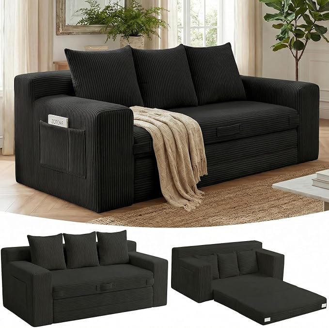 Boneless Couch,3 Seater Boneless Couch Bed – 3-in-1 Convertible Sleeper Sofa with Side Pockets & Handle,Pull Out Corduroy Futon for Small Space,Living Room & Bedroom,3 Pillows Included,No Assembly