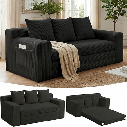 Boneless Couch,3 Seater Boneless Couch Bed – 3-in-1 Convertible Sleeper Sofa with Side Pockets & Handle,Pull Out Corduroy Futon for Small Space,Living Room & Bedroom,3 Pillows Included,No Assembly