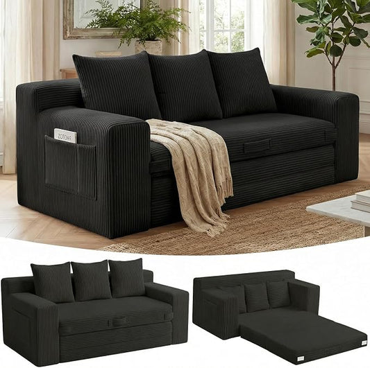 Boneless Couch,3 Seater Boneless Couch Bed – 3-in-1 Convertible Sleeper Sofa with Side Pockets & Handle,Pull Out Corduroy Futon for Small Space,Living Room & Bedroom,3 Pillows Included,No Assembly