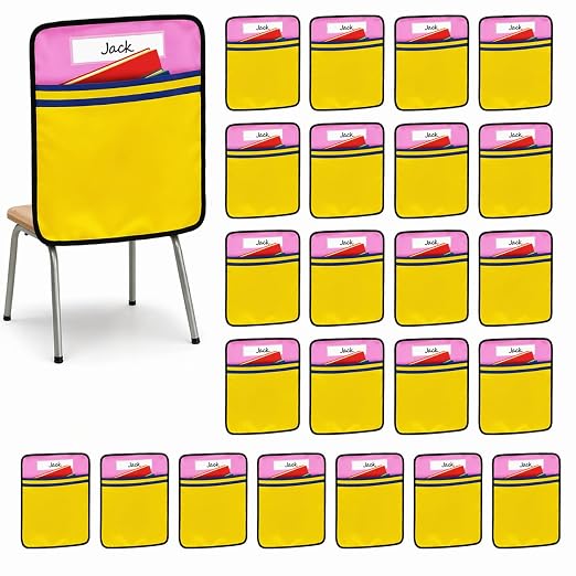 24Pcs 17 * 19 Inch Classroom Seat Back Organizer, Back to School Chair Pockets with Name Tag, Chair Hanging Bag Seat Sacks Suitable for Families Kindergarten Primary School After-School Care Room
