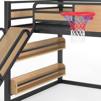 Bellemave Full Size Bunk Bed with Basketball Hoop, Pull-up Rings and Climbing Wall, Full Bunk Bed with Slide and Bookcase, Heavy Duty Bunk Beds with Guardrail, Natural