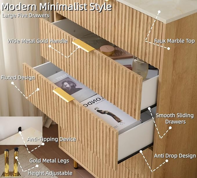 Fluted 5 Drawers Dresser for Bedroom with Faux Marble Top and Gold Handle, 48" Tall 30" Wide Wooden Chest of Drawers, Modern Closet Storage Organizer Dressers for Living Room, Hallway,Oak