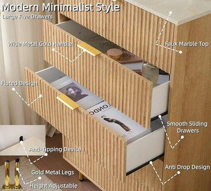Fluted 5 Drawers Dresser for Bedroom with Faux Marble Top and Gold Handle, 48" Tall 30" Wide Wooden Chest of Drawers, Modern Closet Storage Organizer Dressers for Living Room, Hallway,Oak