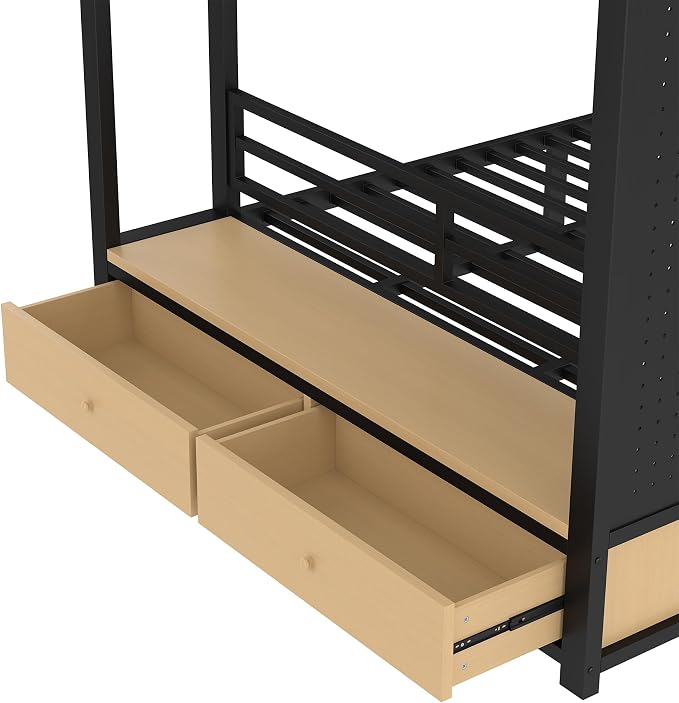 Bellemave Queen Over Queen Metal Bunk Bed with Storage Drawers and Shelves, Heavy Duty Bunk Beds with Pegboard and Coat Rack for Kids, Adults,Black