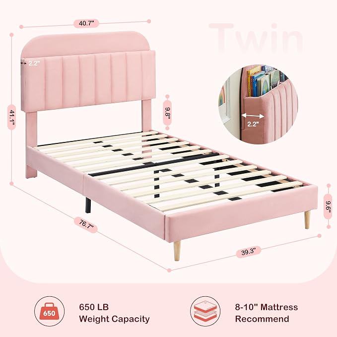 IDEALHOUSE Twin Bed Frames, Upholstered Platform Bed Frame with Bookcase Headboard, Velvet Platform Bed Mattress Foundation, Heavy Duty Steel Support Legs, Easy Assembly, Noise Free, Light Pink