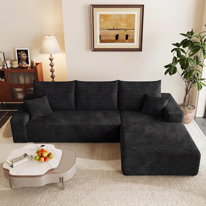 107.5" Cloud Sectional Couch L-Shaped Chaise, Comfy Corduroy Boneless Couch for Living Room Bedroom, Deep Seat Upholstered Modular Cloud Sofa Sleeper, No Assembly Required (Black, Right Facing Chaise)