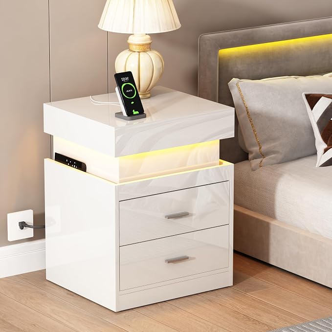 ChooChoo LED Nightstand with Charging Station, Smart Night Stand with Sliding Top Storage, 2-Drawers High Gloss Bedside Table, Modern End Table for Bedroom,White
