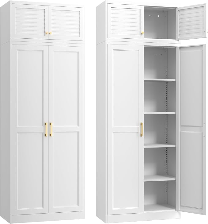 SteeLoong 86“ Kitchen Pantry Cabinet,Metal Storage Cabinets with Doors and 4 Adjustable Shelves,White Kitchen Cabinet with 4 Gold Handles,Tall Cabinet for Livingroom,Pantry, Bathroom
