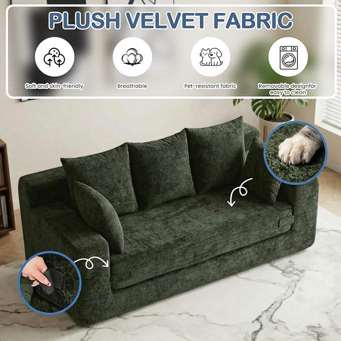 Boneless Couches 70", 3 Seater Boneless Couch with Pull Out Sofa Bed, Boneless Couch Bed with 5 Pillows Green, Plush Velvet Sofa for Living Room & Bedroom