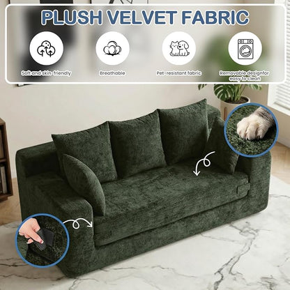 Boneless Couches 70", 3 Seater Boneless Couch with Pull Out Sofa Bed, Boneless Couch Bed with 5 Pillows Green, Plush Velvet Sofa for Living Room & Bedroom