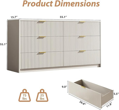 MAISONARIA 3-Piece Dresser Bedroom Set, 6 Drawer Dresser & 3 Drawer Nightstands with Gold Handles, Fluted Wood Chest of Drawers for Bedroom, Living Room, Entryway, Beige