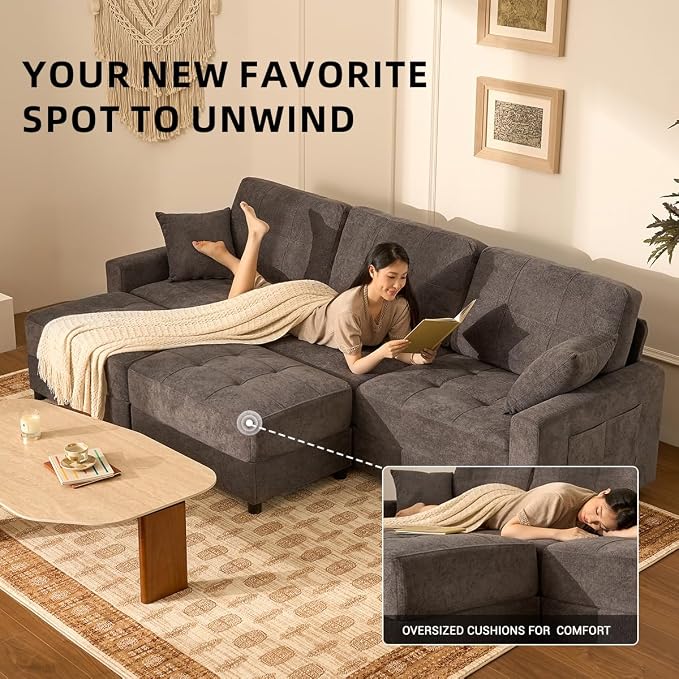 112" U Shaped Modular Cloud Sectional Couch, Waffle Fabric, Dark Gray | Modular Deep Seat Sofa, Movable Ottoman, Pocket Spring Cushions, 2-Box Delivery, Living Room Lounge Use, Not Boneless