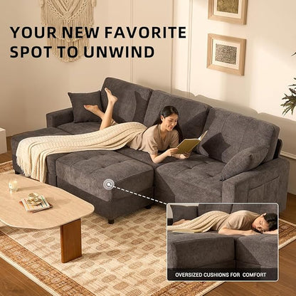 112" U Shaped Modular Cloud Sectional Couch, Waffle Fabric, Dark Gray | Modular Deep Seat Sofa, Movable Ottoman, Pocket Spring Cushions, 2-Box Delivery, Living Room Lounge Use, Not Boneless