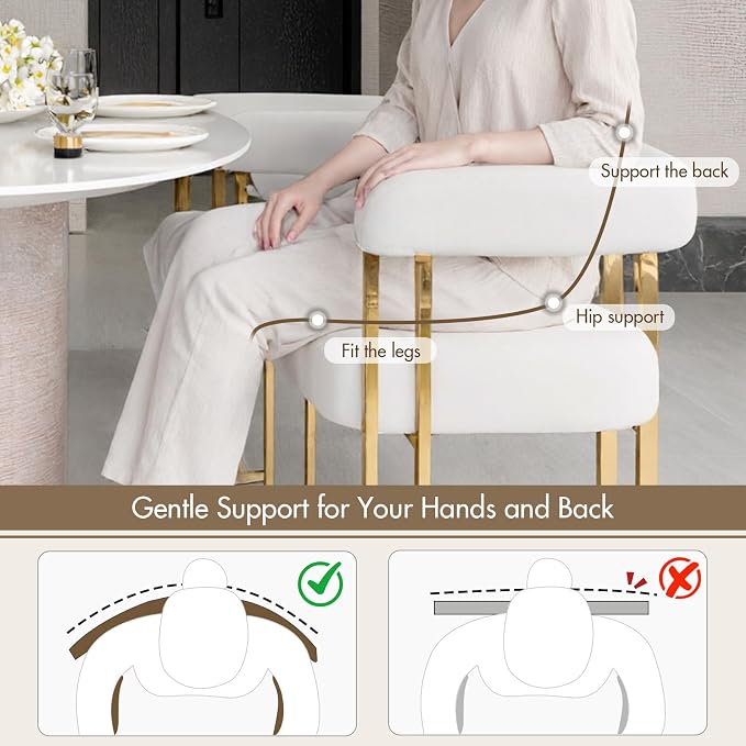 Hyfirm Beige and Gold Modern Dining Chairs Set of 6, Velvet Upholstered Barrel Armchairs with Metal Legs for Kitchen Island, Mid Century Accent Chairs for Dining Room Living Room, Open-Back