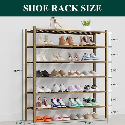 Smiry Long Bamboo Shoe Rack, 6 Tier Free Standing Wooden Shoe Organizer, Stackable Wood Shoe Storage Shelf for Closet, Entryway, 14 Vertical Slats, 2+2+2 Stack Thicker Legs, 33.7"x11"x39", Walnut