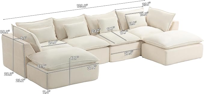 Boneless Couch Sectional Sofas Cloud Couches for Living Room | 130'' Modern Modular Cloud Sofa with Pillows and Ottoman for Bedroom