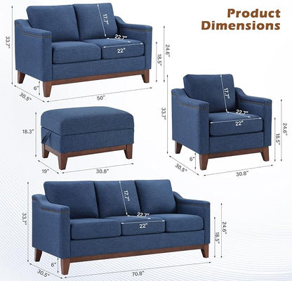 HAOMARKETS 4 Piece Fabric Sofa Set with Nailhead Trim, Included 2 Comfy Accent Chair with Thicked Cushion and 2 Upholstered Storage Ottoman with Flip-Top Table, Living Room Furniture Set,Blue
